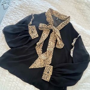 Black/Leopard pull Over Blouse with Bow tie front